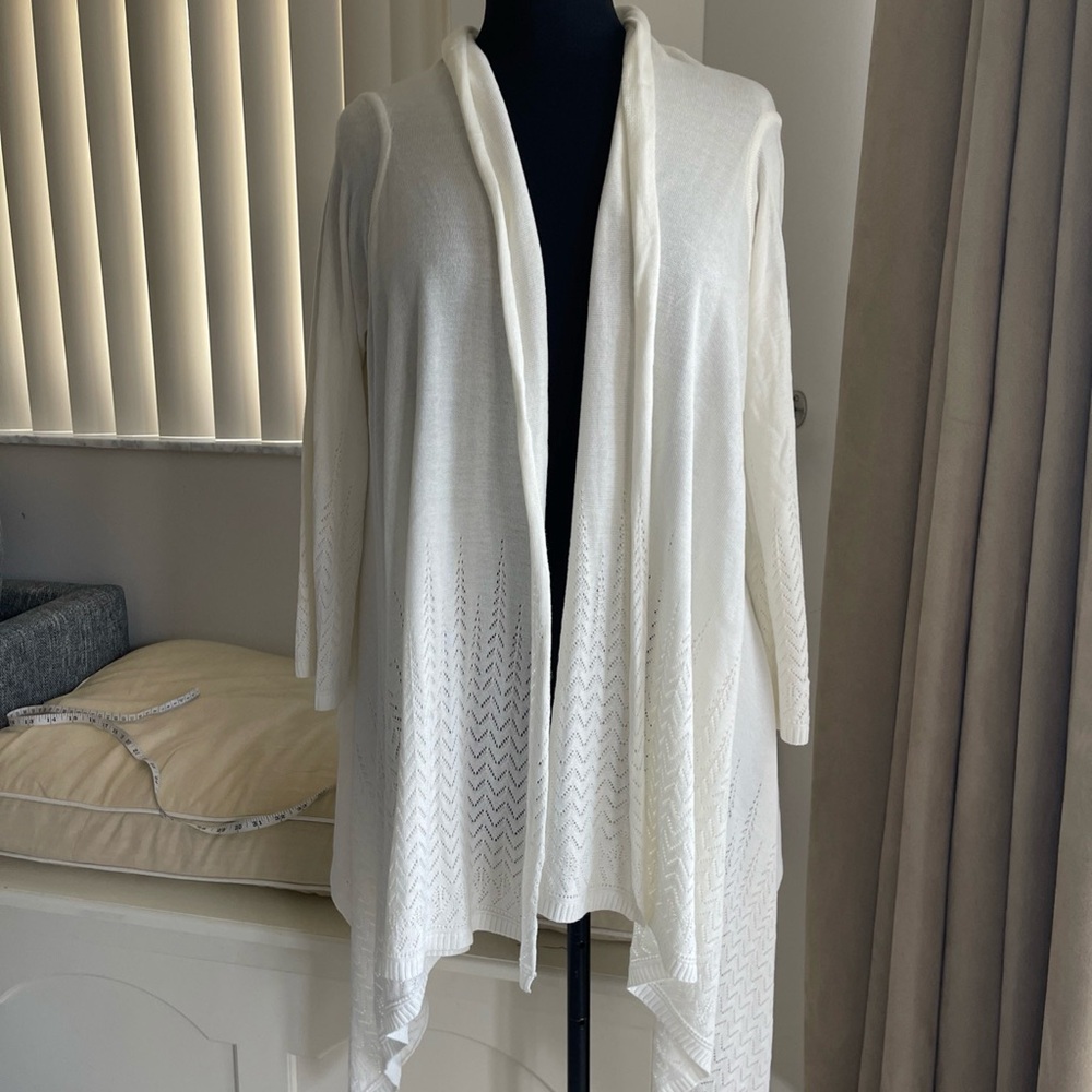 Linda Lucia Ivory V Neck Long Sleeve Open Front Cardigan Sweater Sz L
